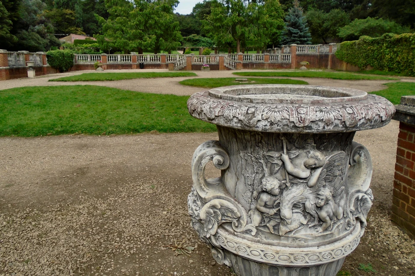 Carved stone urn overlooking the Italian Garden in Cannizaro Park, Wimbledon