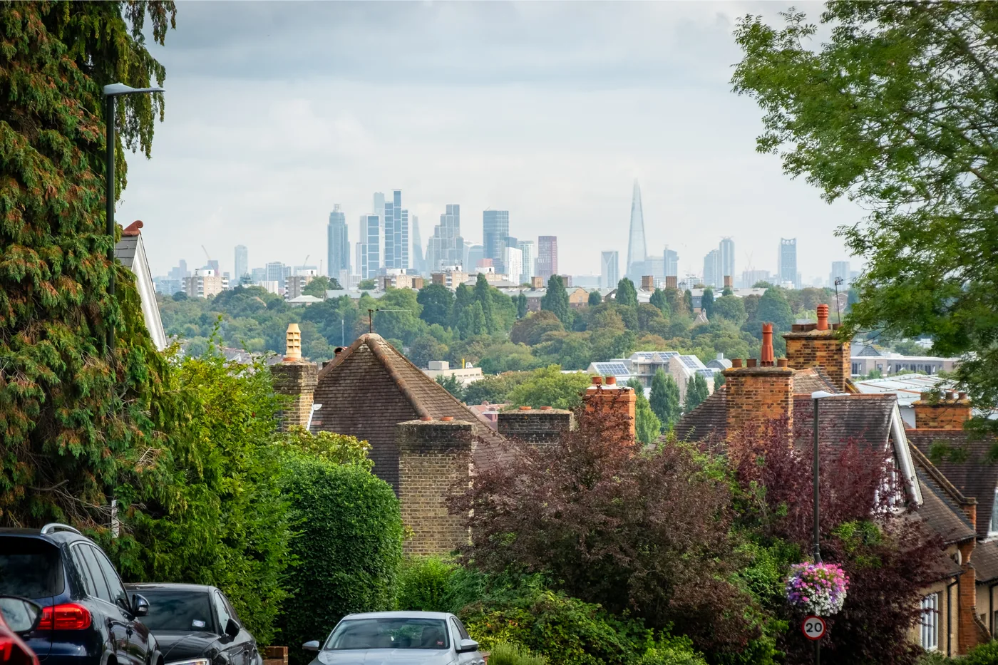 View from Wimbledon rooftops across trees towards the central London skyline
